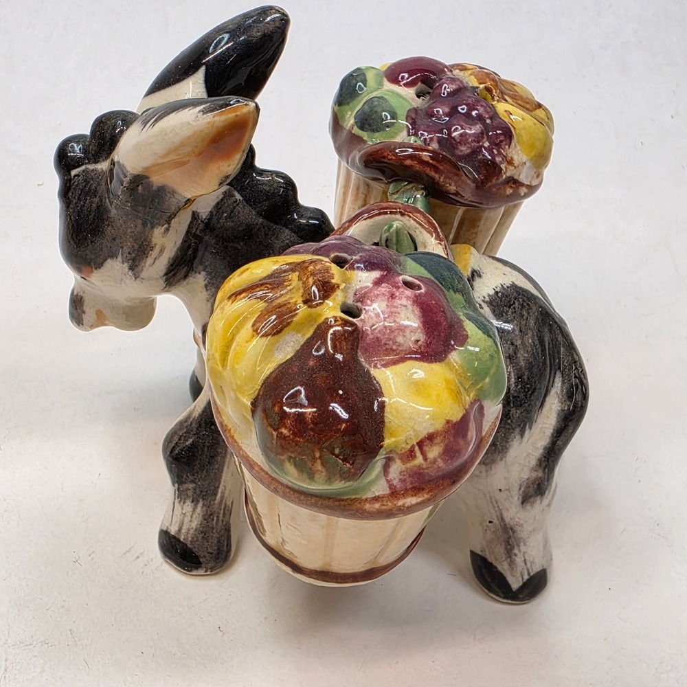 READ Vintage Donkey Salt and Pepper Shaker Set Fruit Baskets Japan Fair REPAIRED